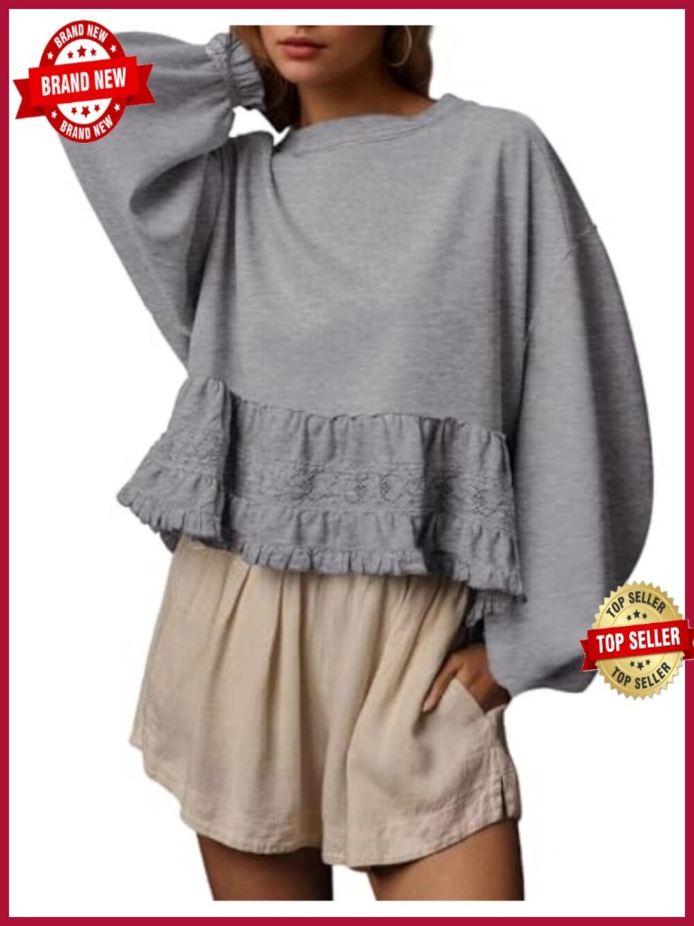 Oversized Crop Sweatshirt Crew Neck Long Puff Sleeve Babydoll Top Peplum